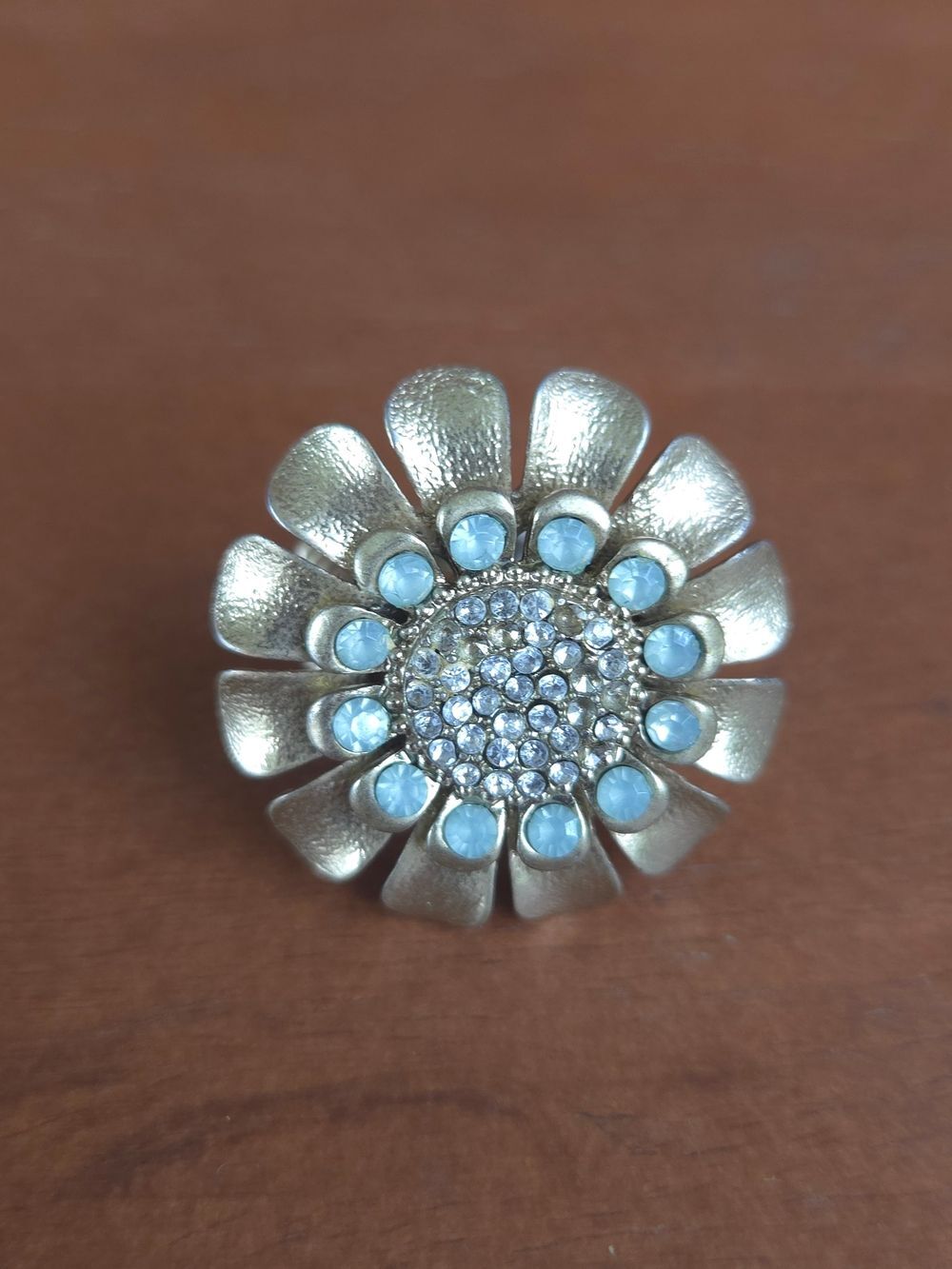 Flower Statement Ring with Light Blue Accents Adjustable